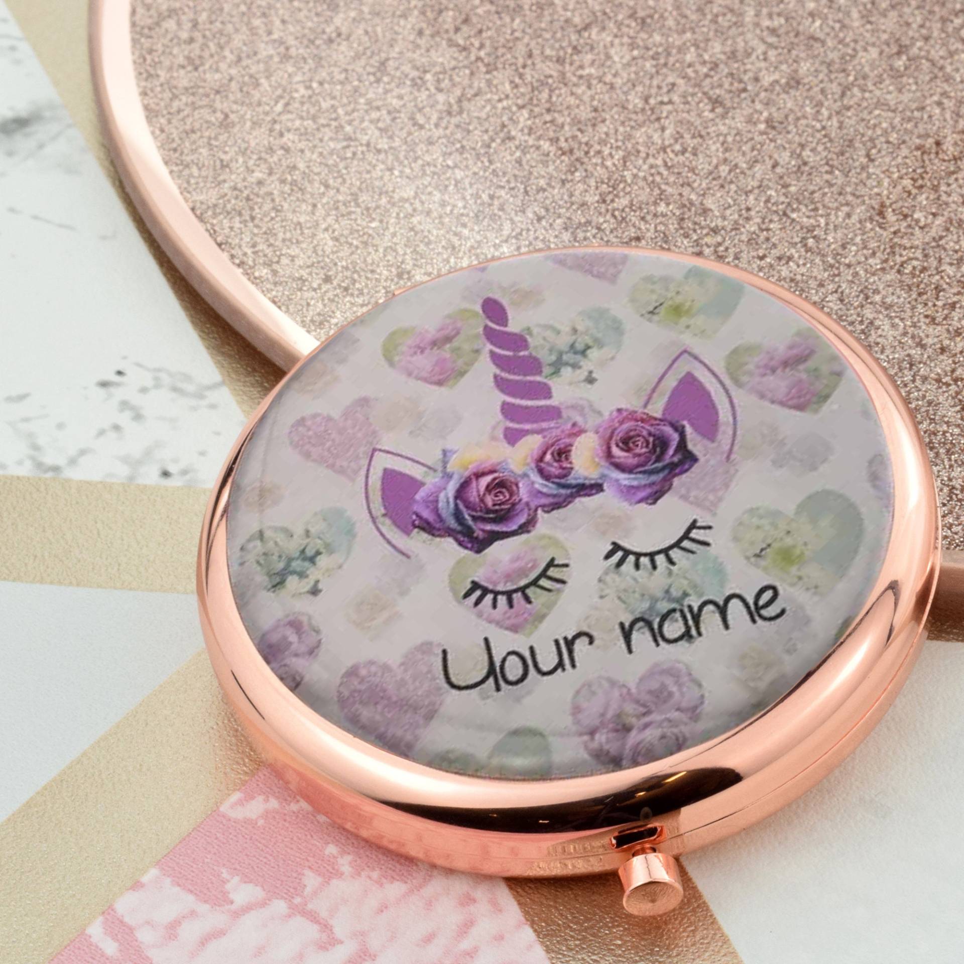Personalisierter Name Lila Einhorn Roségold Handtasche Spiegel Personalisierter Name Lila Einhorn Roségold Handtasche Spiegel von Etsy - PrestigeGiftware