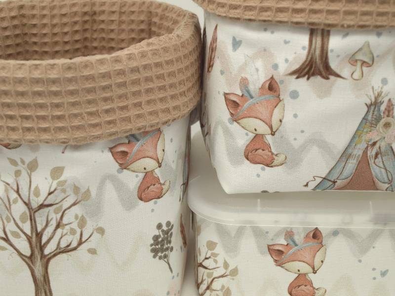 Ab 12, 95 Euro, Stoffkörbe Fuchs & Camel, Set-Wahl, Einzelwahl, Fuchs, Wald, Zelt, Baum, Waffelpique, Utensilos, Aufbewahrung, Organizer von Etsy - QuiltCottageLove