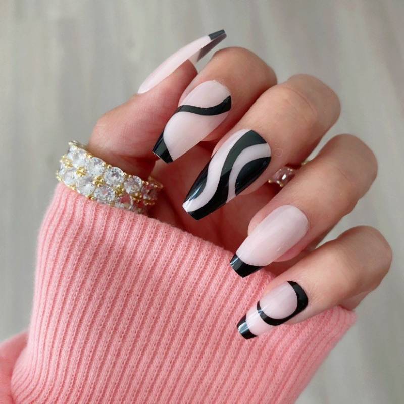 28 Stück Schwarz Swirl Press On Nails Coffin - Mid Nägel, Nägel On, Fake Klebenägel, Stick Mit Designs von Etsy - RedLeopardNails