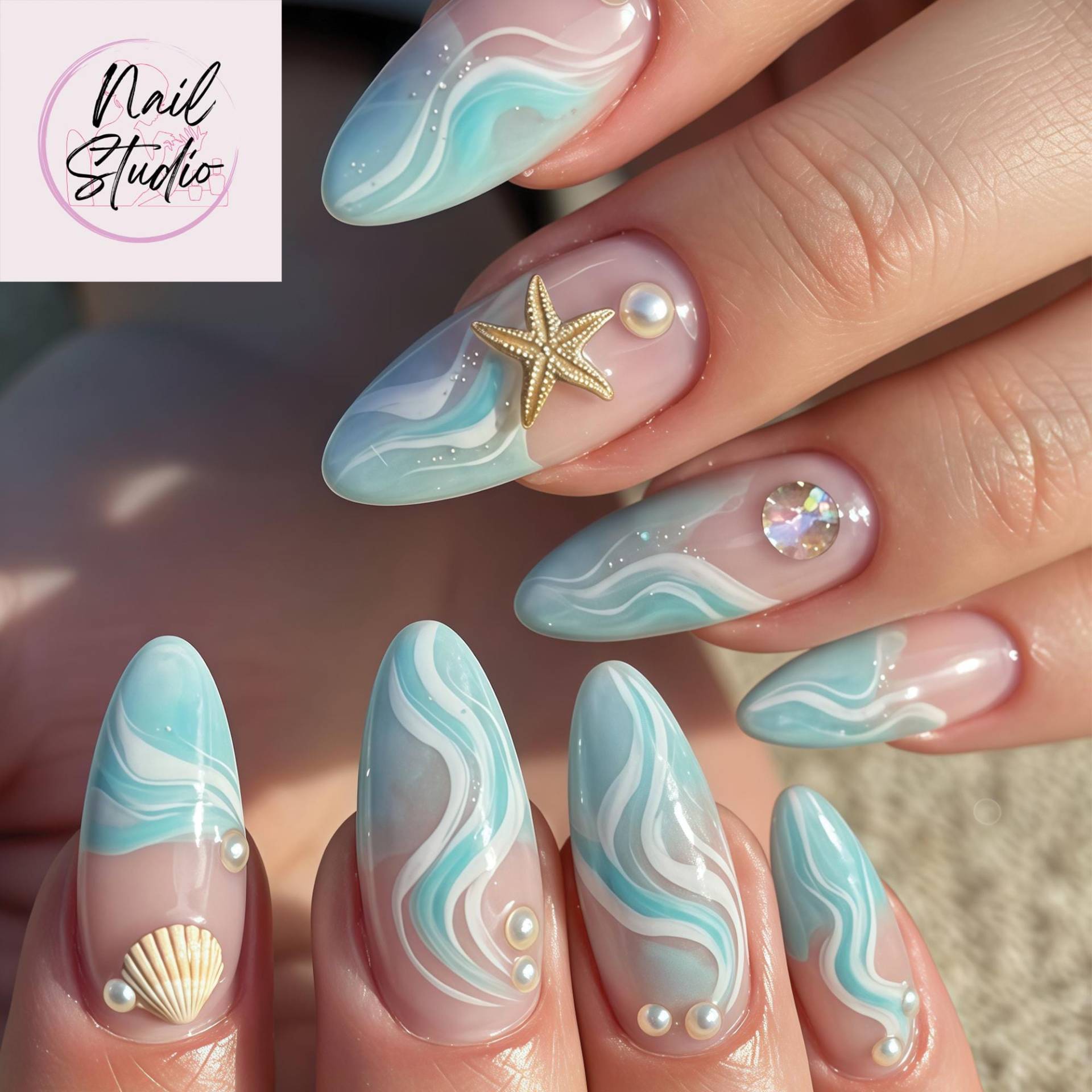 Handmade Ocean Press On Nails | 3D Coastal Swirl Nail Art With Shells & Pearls Custom Beach-Inspired Almond False Summer Set von Etsy - RnhrdtShop