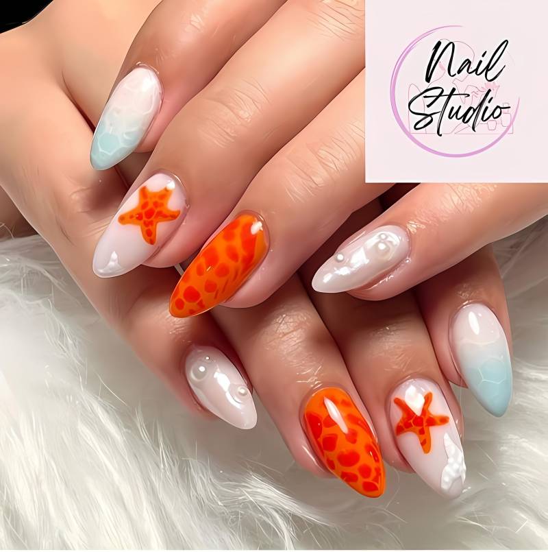 Handmade Ocean Press On Nails | 3D Starfish & Seashell Nail Art With Coral Orange & Pearl Accents Summer Beach False von Etsy - RnhrdtShop