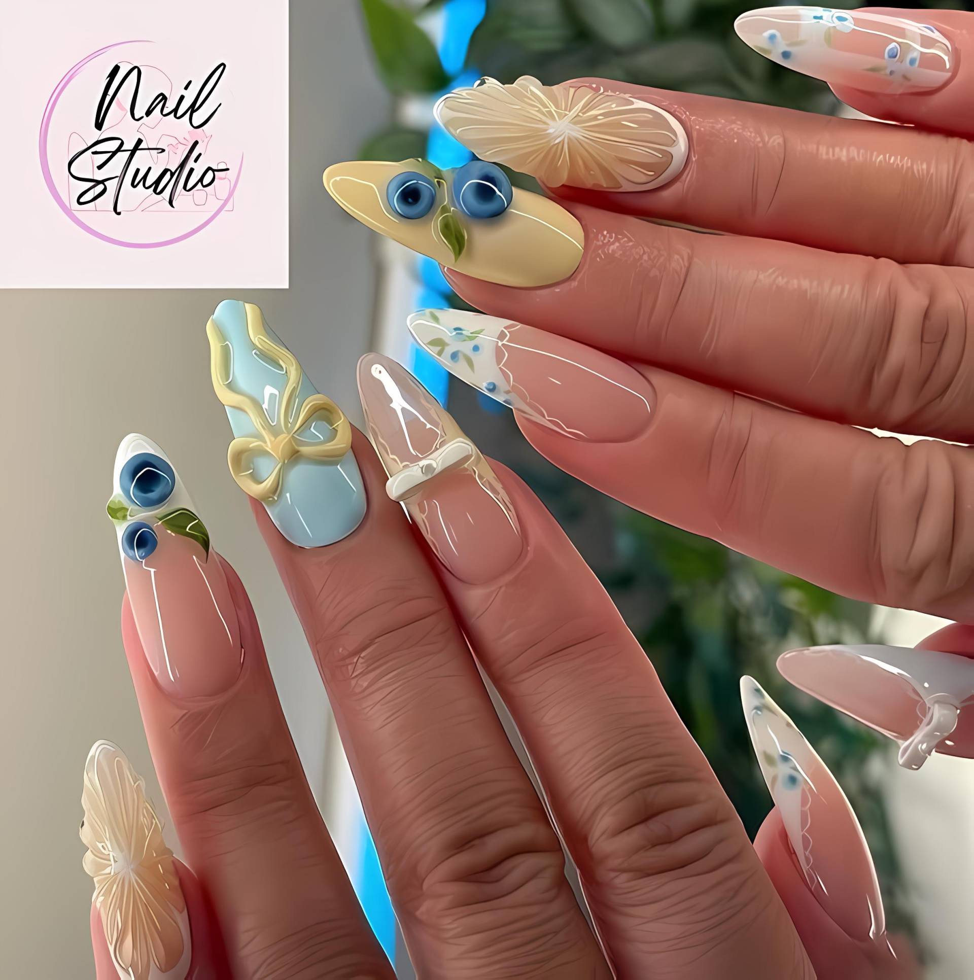 Handmade Pastel Press On Nails | 3D Fruit, Butterfly & Bow Nail Art in Baby Blue & Yellow Playful Custom Set Reusable False Tips von Etsy - RnhrdtShop