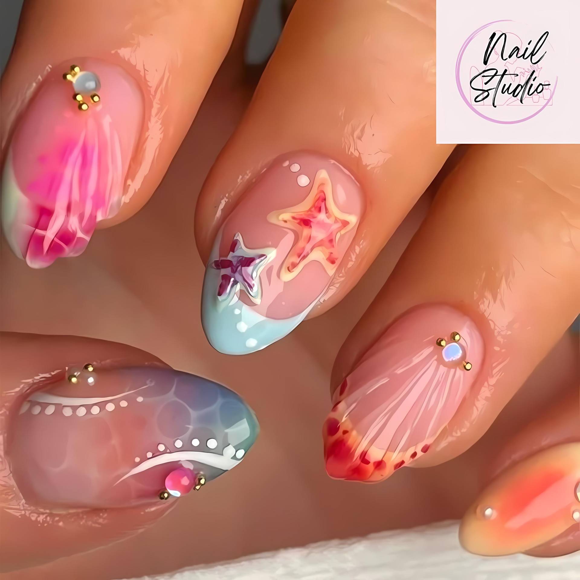 Handmade Seaside Press On Nails | 3D Shell & Pearl Nail Art Custom Beach False Summer Set Reusable Tips von Etsy - RnhrdtShop