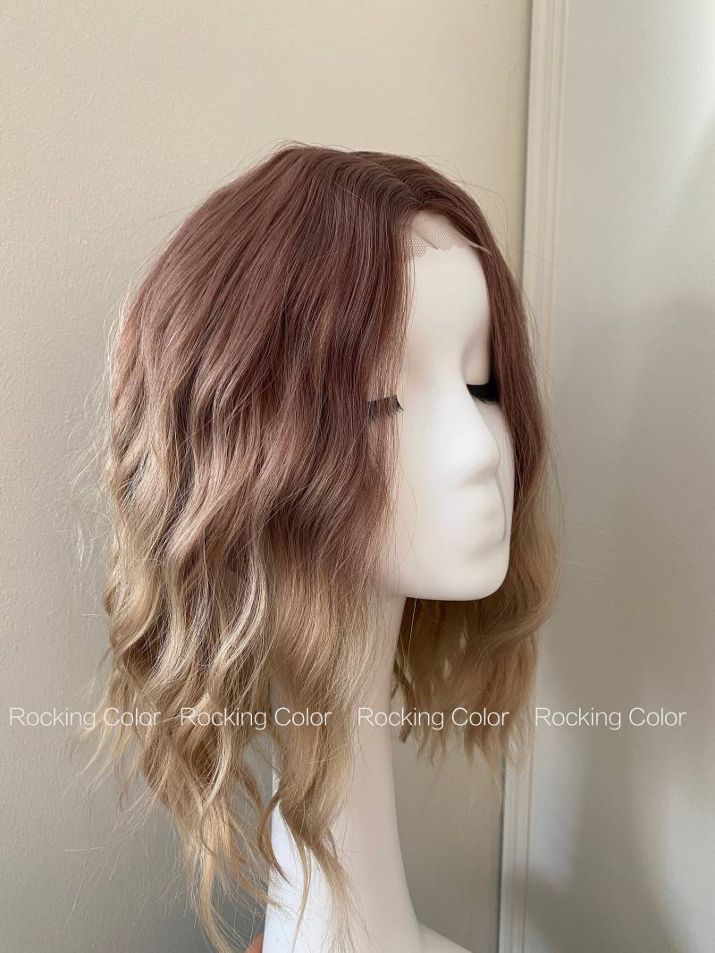 Braune Blonde Balayage Wavy Bob Perücke, 14-Zoll Schulter-Länge Ombre Kleine Lace Front Perücke Mit Perückenkappe von Etsy - RockingColour