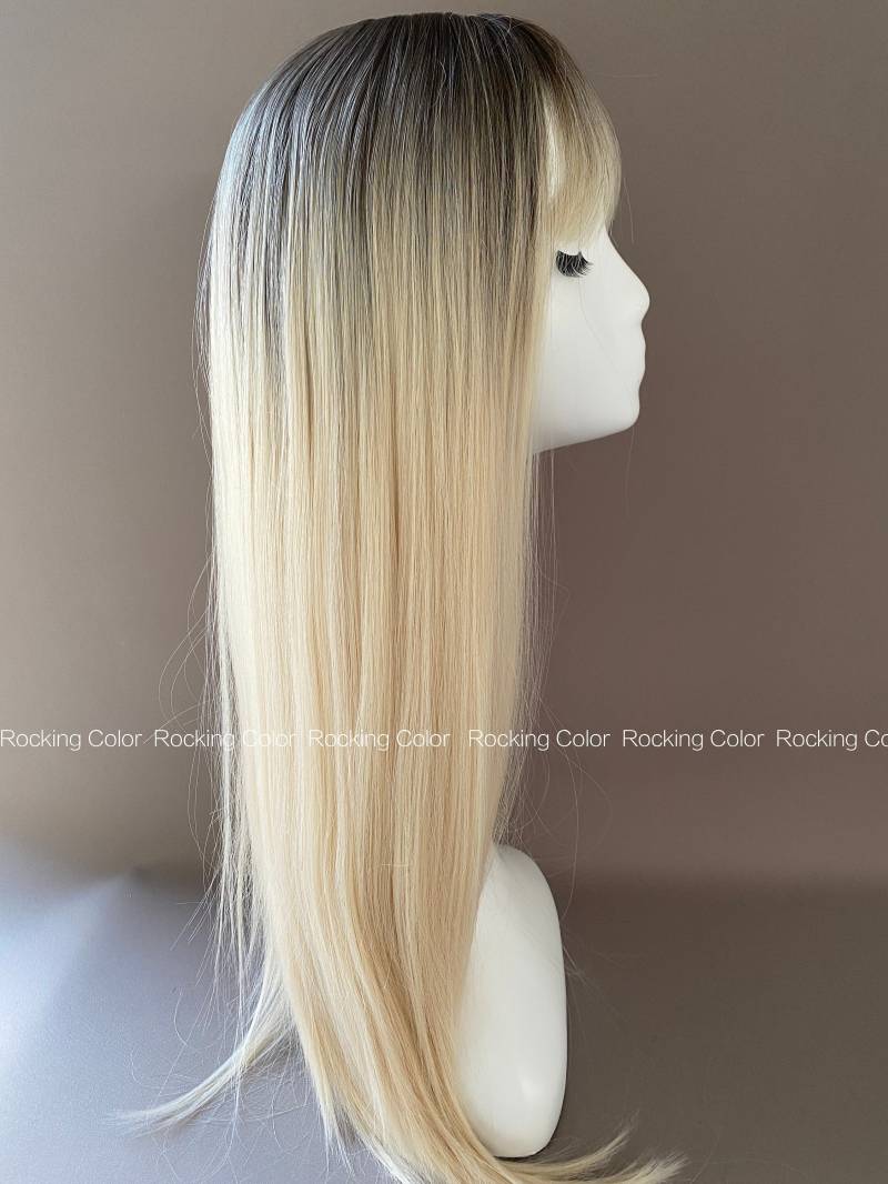 Platinblonde Ombre-Perücke Mit Pony - 24 "Dark Root Glattes Langes Haar + Gratis Perückenkappe, Natural Look Haarteil von Etsy - RockingColour
