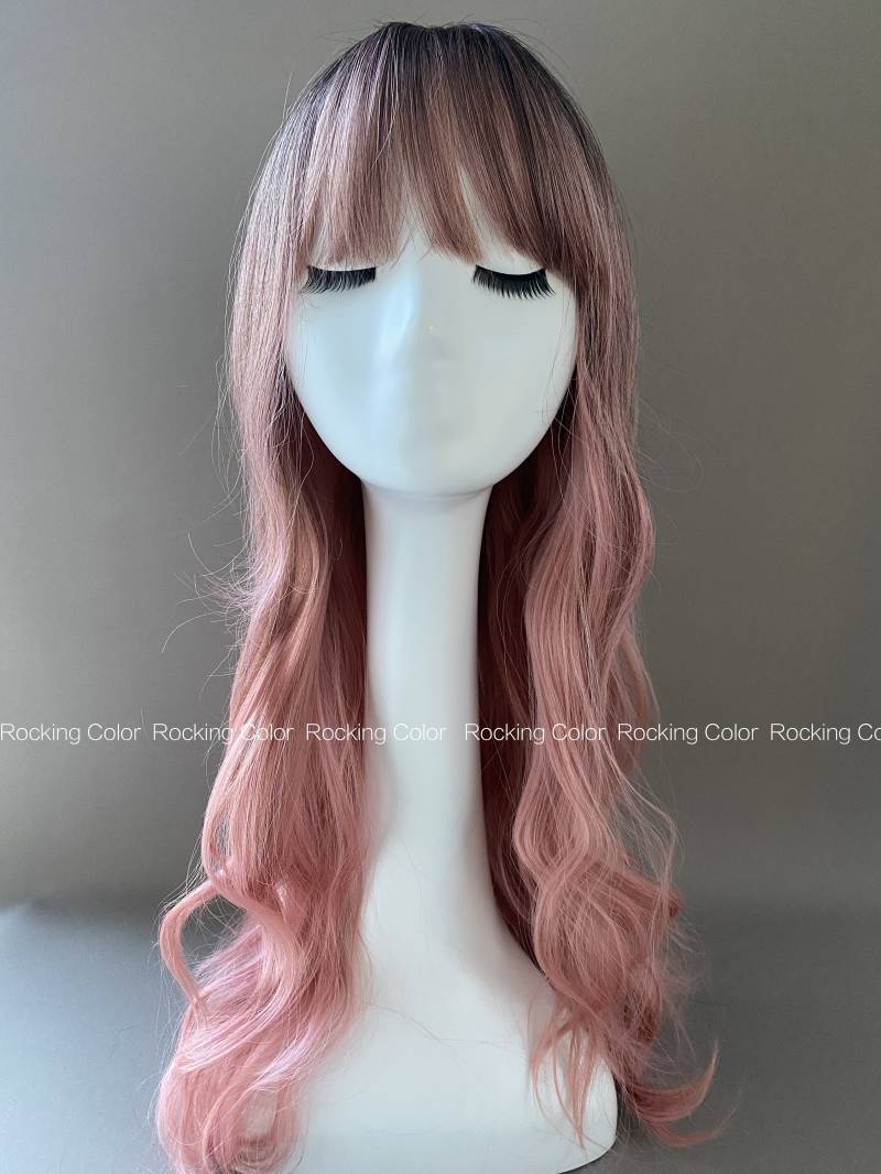 Rosa Ombre Wavy Perücke Mit Pony/26-Zoll-Dark Root Light Pink Fringe Perücke. Kostenlose Perückenhaube von Etsy - RockingColour