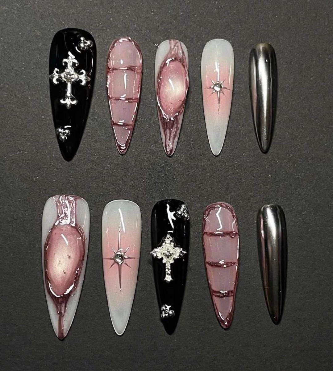 Gothic Chrom Drücken Sie Auf Die Nägel | Kreuz Glas 3D Nail Art Pink Schwarz Stiletto Luxus-False Nails Handmade Set von Etsy - RoswithaDecor