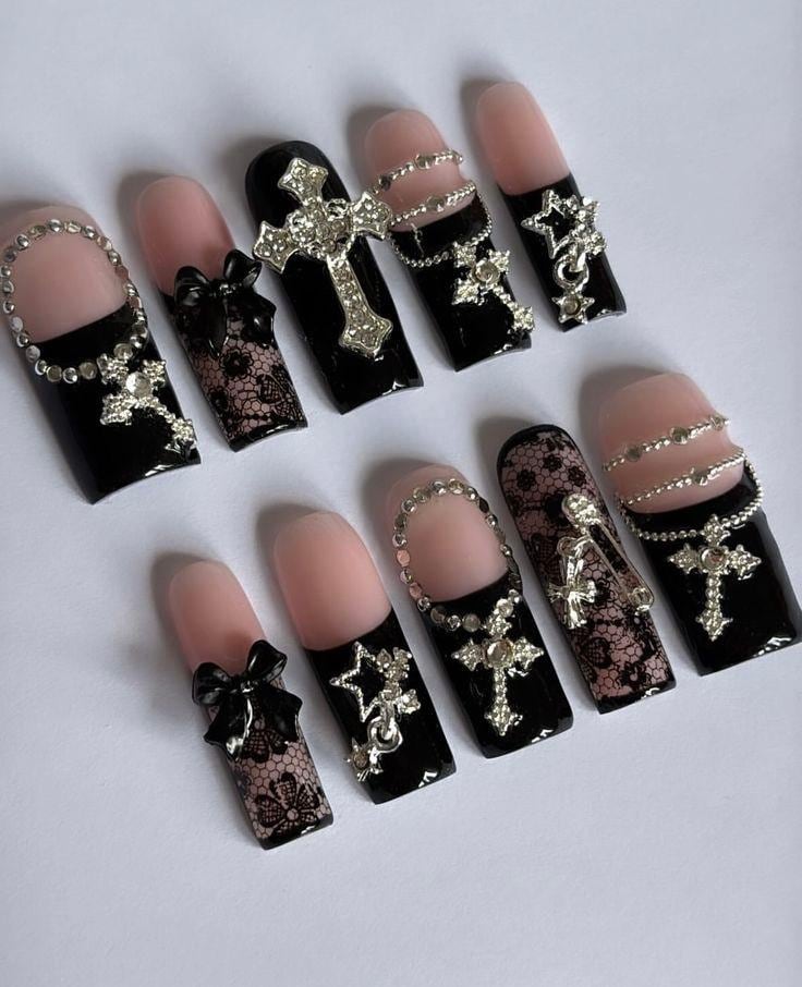 Gothic Kreuz Schwarz Pink Drücken Sie Auf Die Nägel | Strass-Spitzennägel Punk Y2K Gefälschte Langes Vierkant Luxus Nagel Set von Etsy - RoswithaDecor