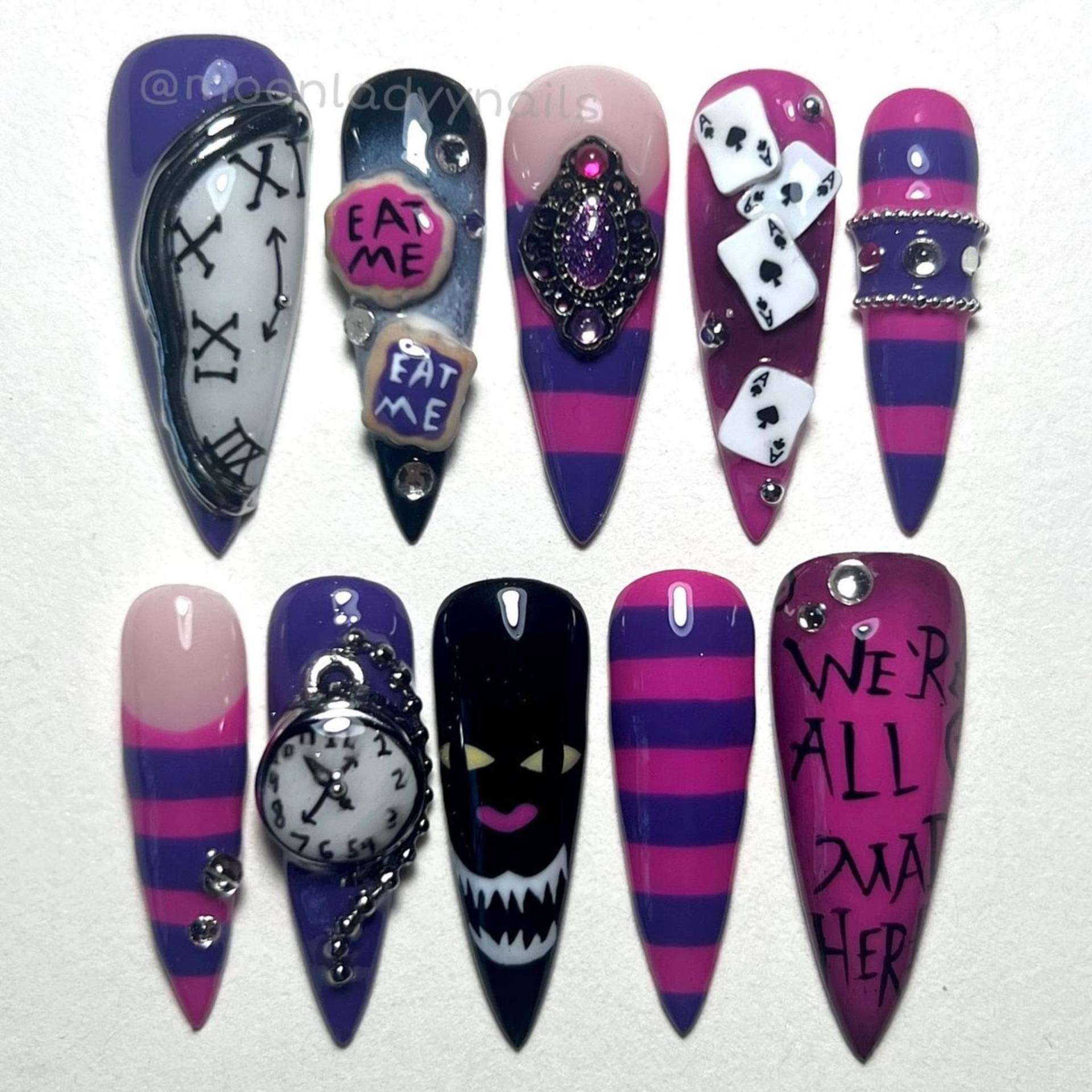Grinsekatze Drücken Sie Auf Die Nägel | Alice Im Wunderland Lila Rosa Gothic Fake Handgemachte Lange Stiletto von Etsy - RoswithaDecor