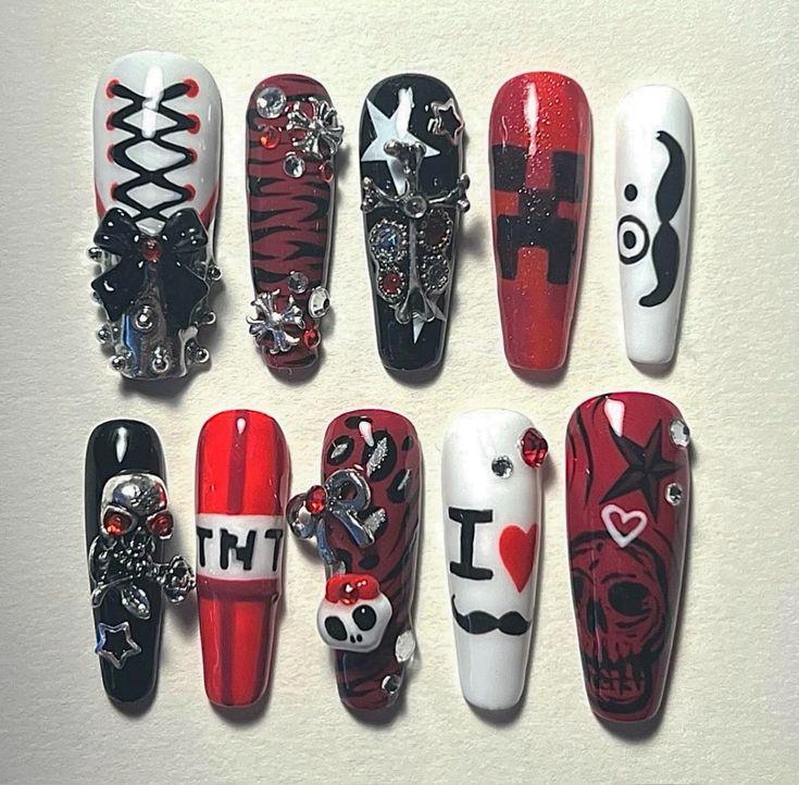 Y2K Emo Punk Drücken Sie Auf Die Nägel | Totenkopf Gothic Rot Schwarz Gefälschte Alternative Acryl von Etsy - RoswithaDecor