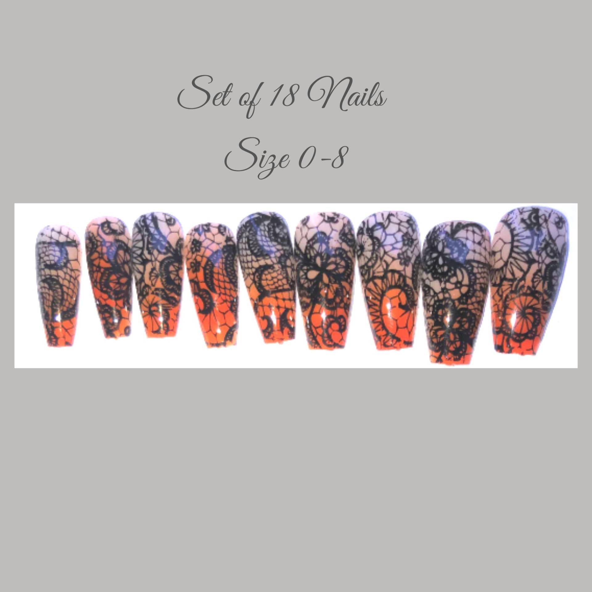Orange Ombre Mit Spitze Halloween Press-On Nagel Set - Lange Ballerina | Größe 0-8 Orange Ombre Mit Spitze Halloween Press-On Nagel Set - Lange Ballerina | Größe 0-8 von Etsy - RuthlessNailDesigns