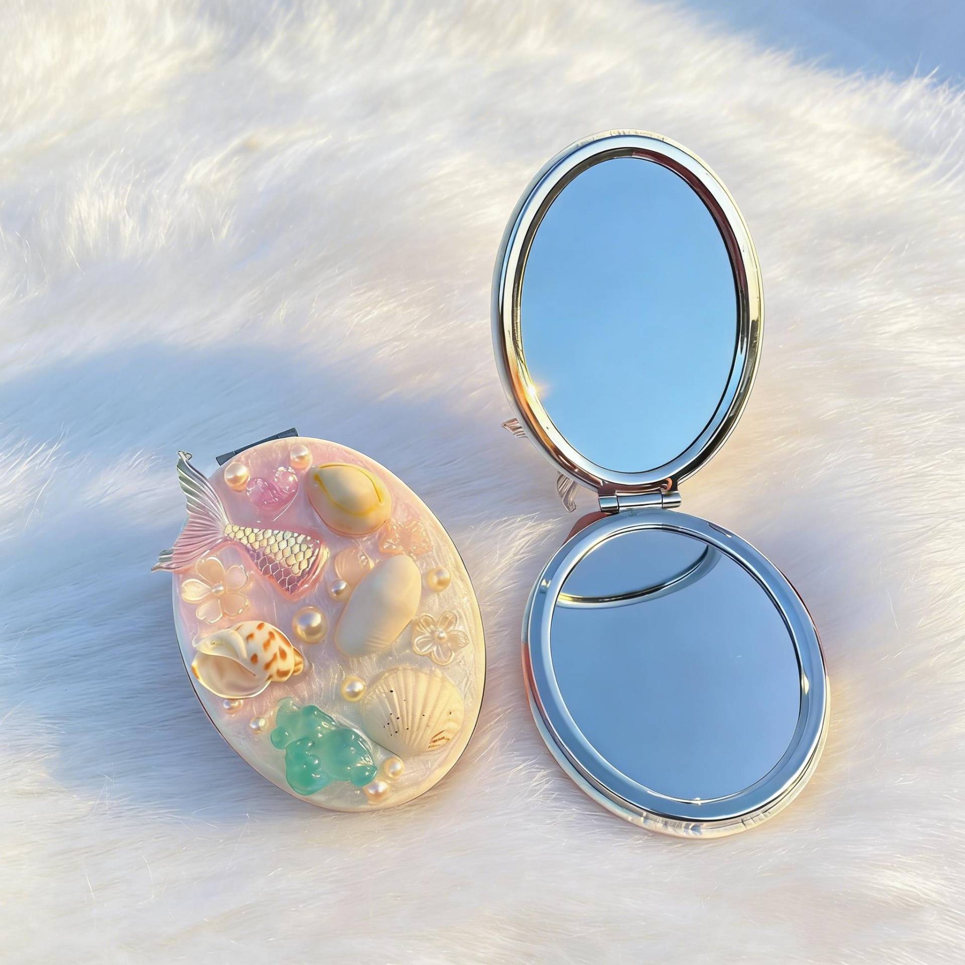 Mermaid Seashell Compact Mirror, Beach Nautical Pocket Unique Coastal Gift For Her, Vacation Travel Vanity Accessory von Etsy - SabriKsa