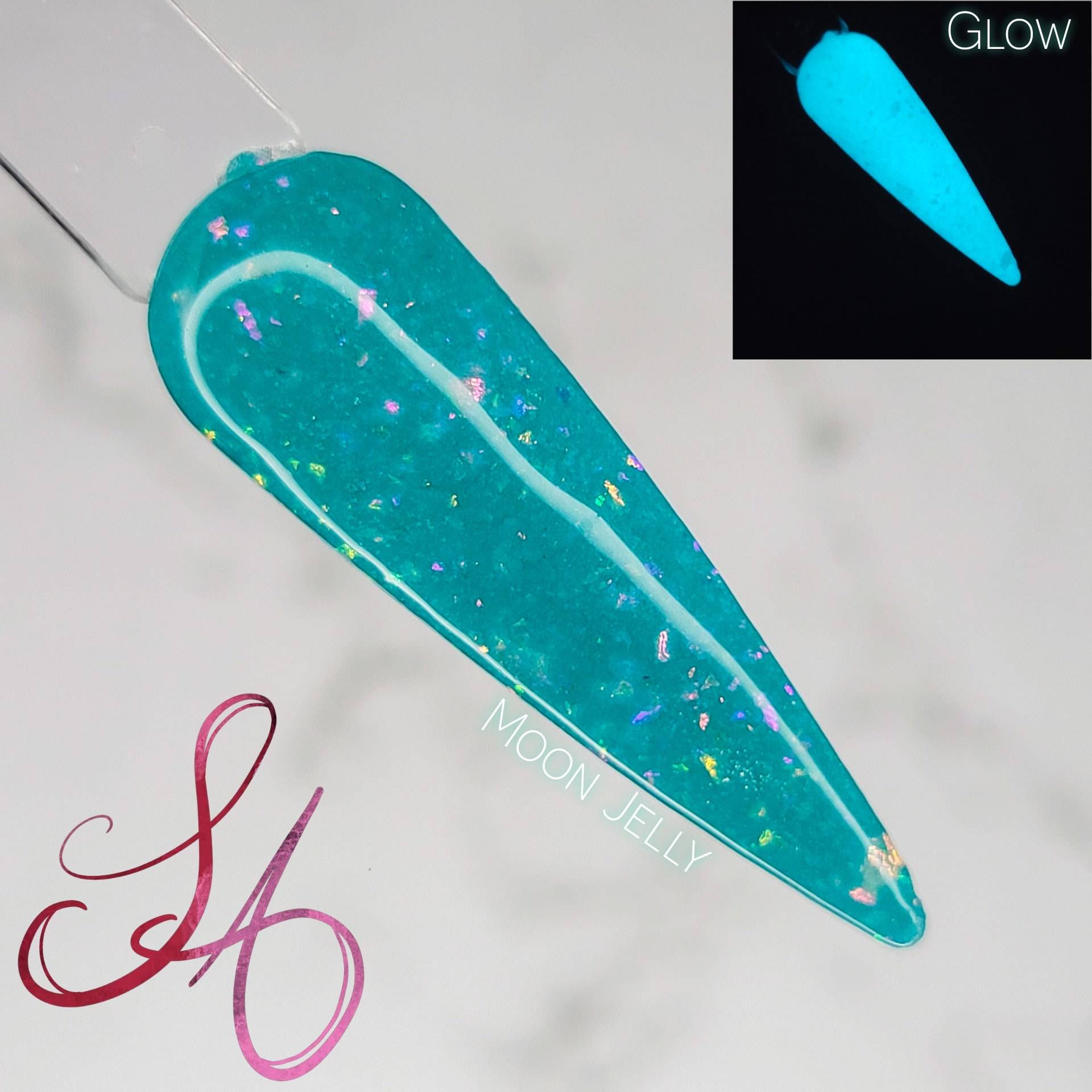 Moon Jelly Neon Teal Glow in The Dark Flakie Dip Powder von Etsy - SandADipPowders