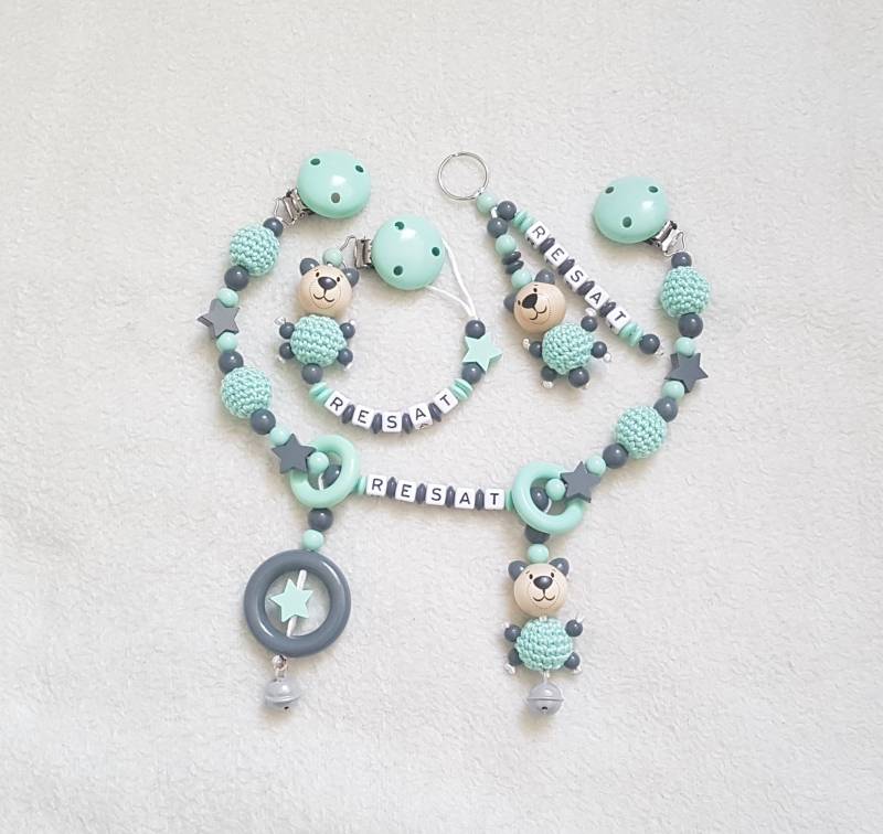 Personalisierte Kinderwagenkette Bärchen | Schnullerkette Schlüsselanhänger Mint/Grau Babygeschenke von Etsy - SchnullerkettenHaSi