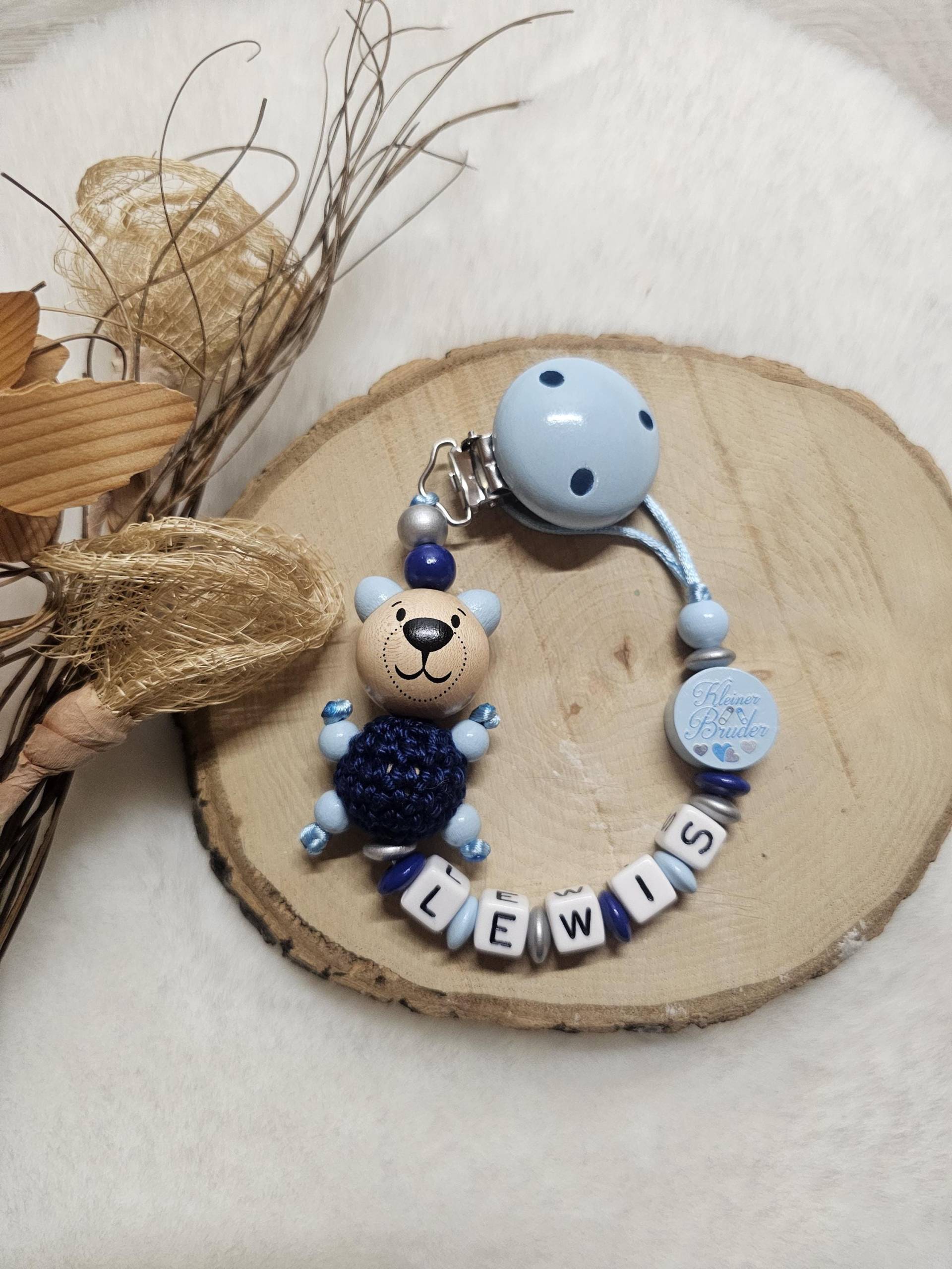 Schnullerkette Bär Mit Namen, Hellblau/Dunkelblau | Babyparty Geschenke von Etsy - SchnullerkettenHaSi