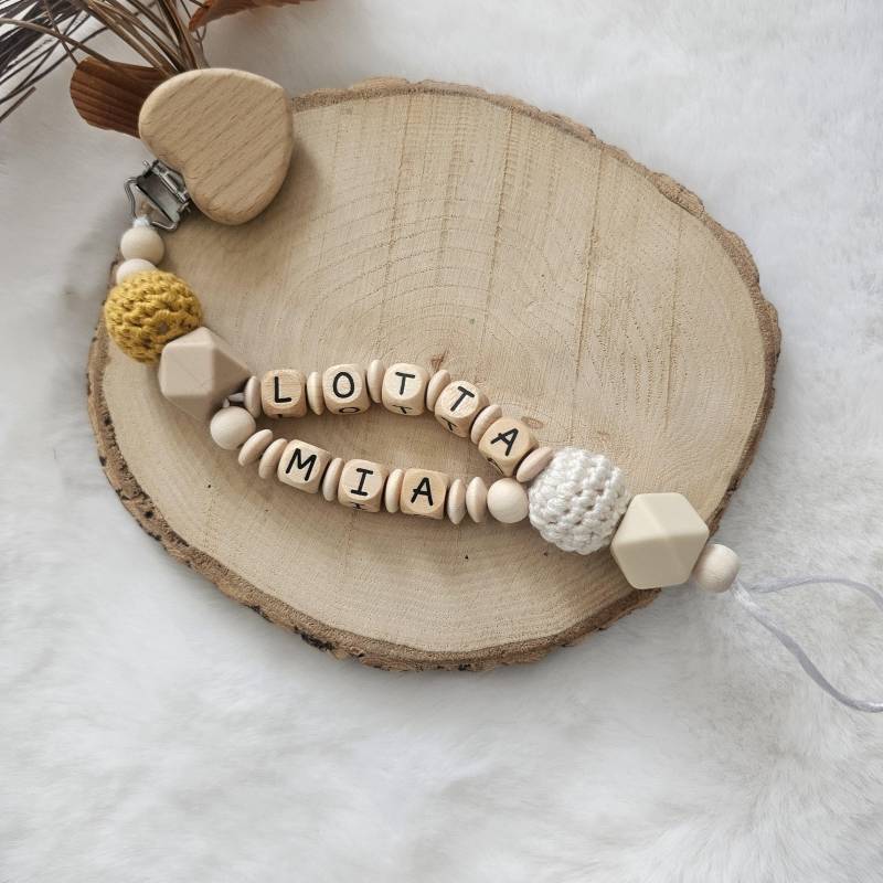 Schnullerkette Doppelnamen Personalisiert Herzclips Neutral von Etsy - SchnullerkettenHaSi