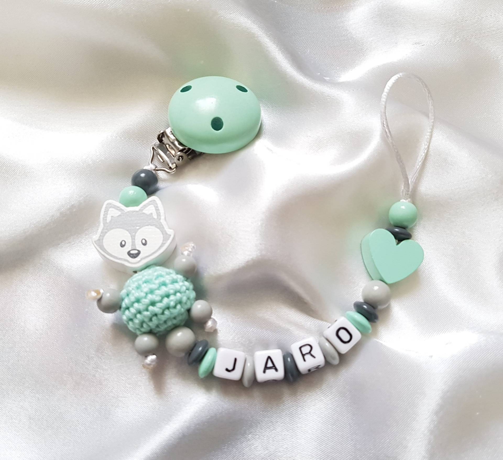 Schnullerkette Fuchs, Mint/Grau, Herz, Personalisiertes Geschenk, Nuggikette, Schnullerband Schnullerkette Fuchs, Mint/Grau, Herz, Personalisiertes Geschenk, Nuggikette, Schnullerband von Etsy - SchnullerkettenHaSi