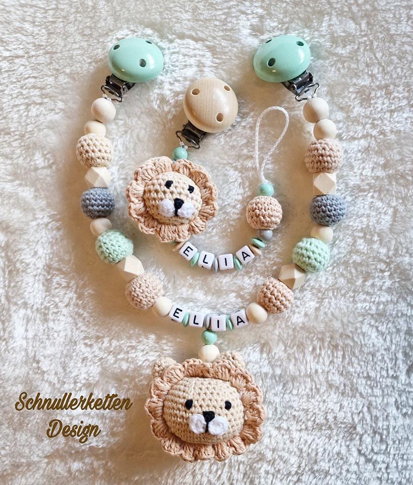 Schnullerkette Und Kinderwagenkette Personalisiert Mit Namen Design Löwe in Beige Mint Grau von Etsy - Schnullerkettendream
