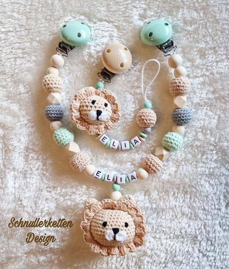 Schnullerkette Und Kinderwagenkette Personalisiert Mit Namen Design Löwe in Beige Mint Grau von Etsy - Schnullerkettendream