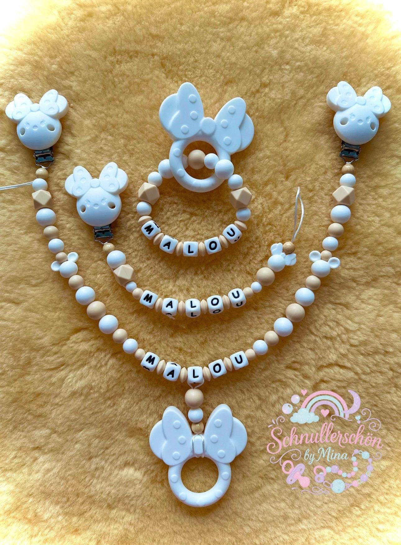 Baby-Set Maus Schnullerkette Personalisiert, Greifing Kinderwagenkette Mädchen Jungen Weiß Beige von Etsy - Schnullerschoen