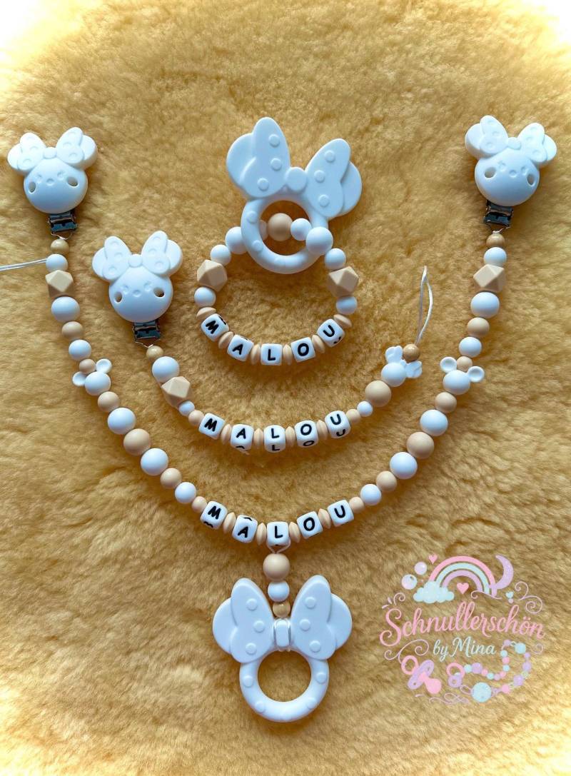Baby-Set Maus Schnullerkette Personalisiert, Greifing Kinderwagenkette Mädchen Jungen Weiß Beige von Etsy - Schnullerschoen
