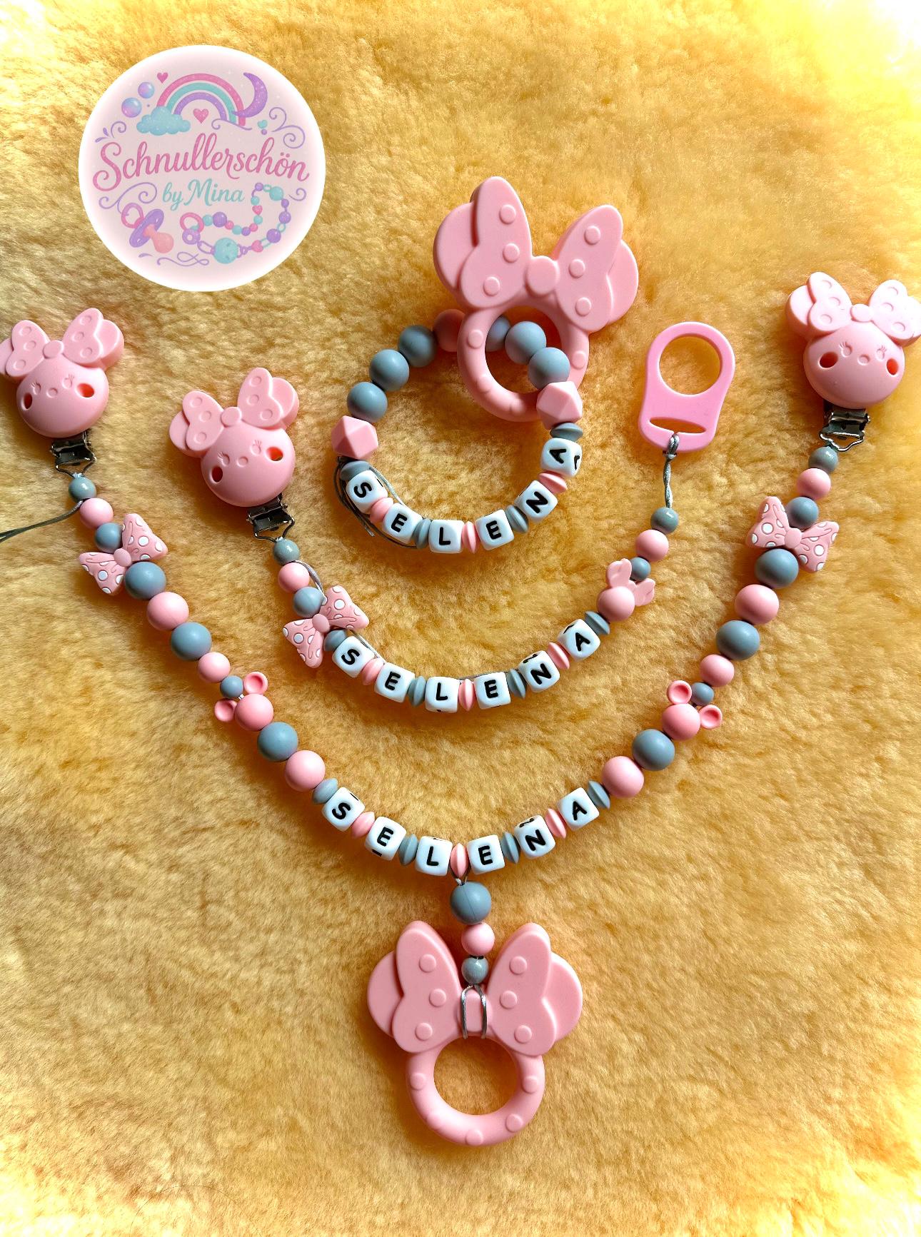 Set Maus Schnullerkette, Greifing & Kinderwagenkette, Rosa, Grau von Etsy - Schnullerschoen