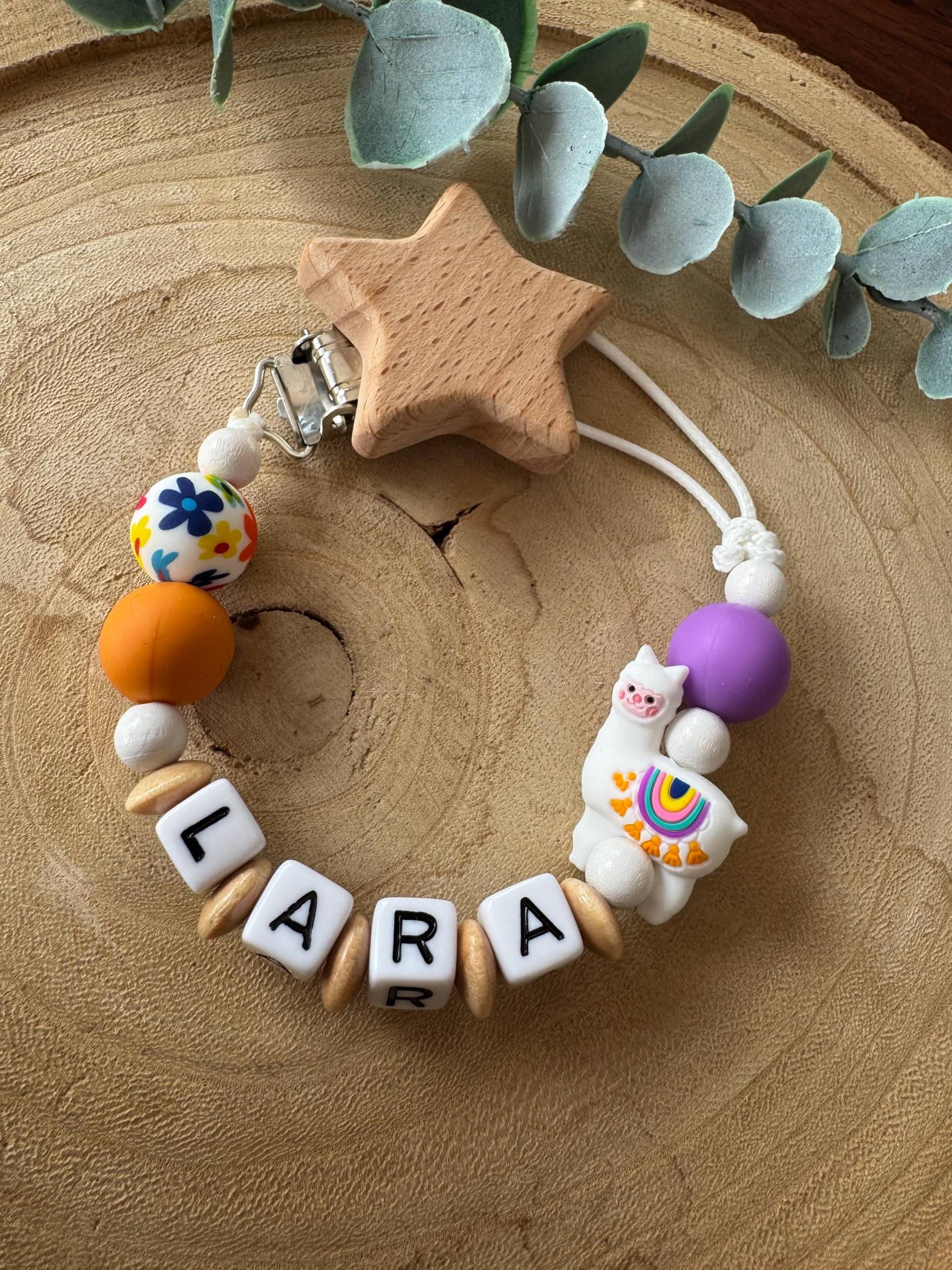 Schnullerkette Natur Bunt Orange Lila Mit Namen Lama von Etsy - Schnulliecke
