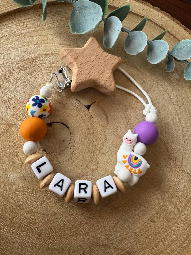 Schnullerkette Natur Bunt Orange Lila Mit Namen Lama von Etsy - Schnulliecke