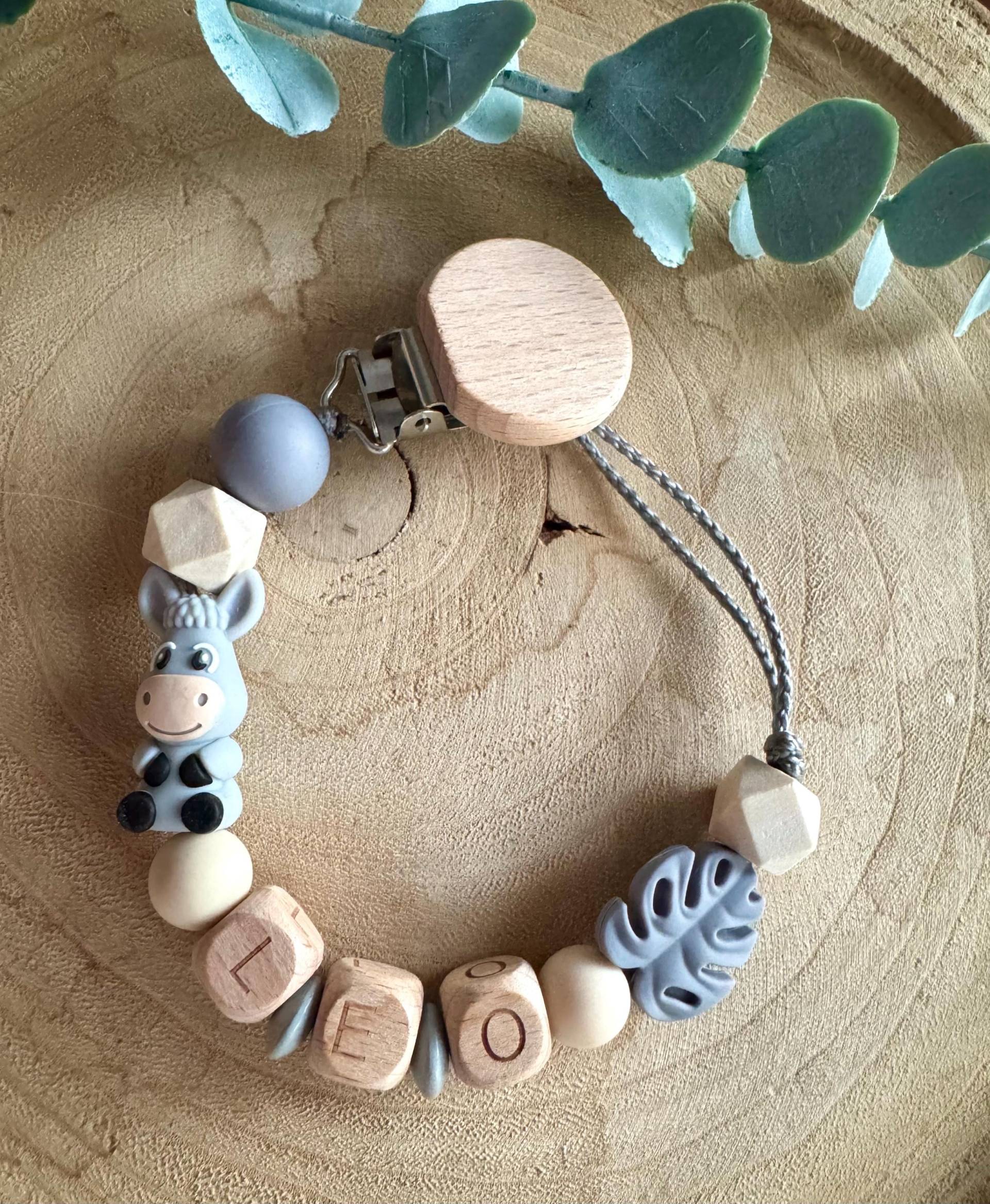 Schnullerkette Natur Grau Esel Blatt Mit Namen von Etsy - Schnulliecke