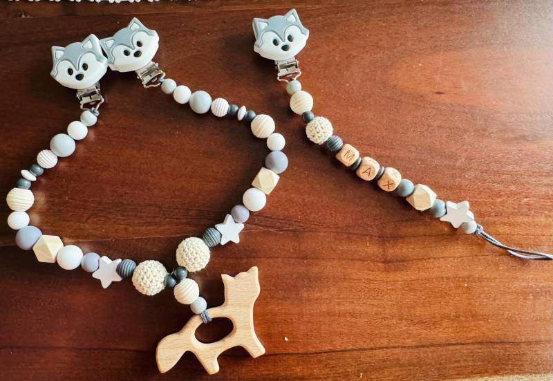 Set Schnullerkette Kinderwagenkette Mit Namen Grau Weiß Fuchs von Etsy - Schnulliecke