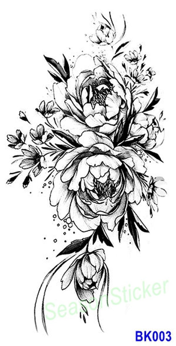 Schwarz Skizze Blume Rose Gänseblümchen Sonnenblume Blatt Körper Taille Arm Hals Temporäre Kunst Tattoos Bsk4 von Etsy - SeasonSticker