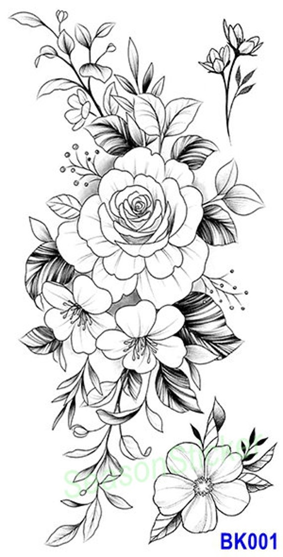 Schwarze Skizze Rose Gänseblümchen Sonnenblume Blume Blatt Körper Taille Arm Hals Temporäre Tattoos Bsk4 von Etsy - SeasonSticker