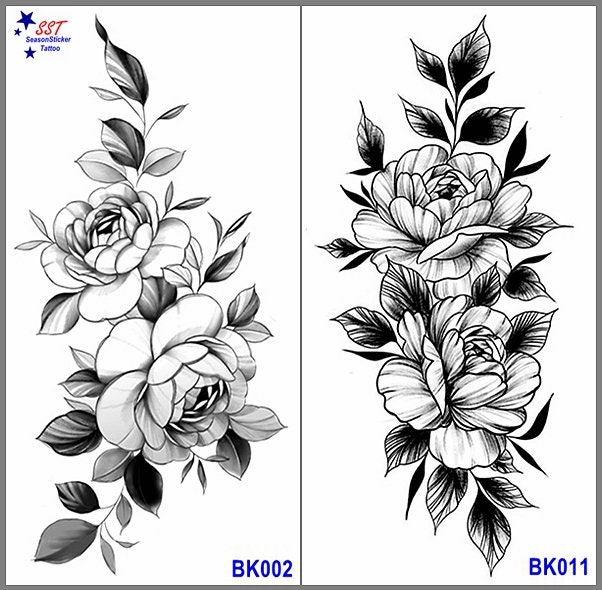 Sonnenblume Blume Temporäre Tattoos Halbmond Pfingstrose Schmetterling Schwarz Skizze Hand Gezeichnete Körper Taille Arm Hals Temporäre Kunst von Etsy - SeasonSticker