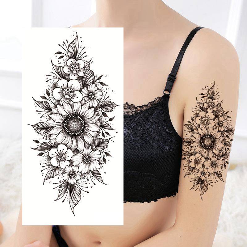 Sonnenblume Blumen Hand Zeichnung Temporäre Tattoos Blume Rose Pfingstrose Schmetterling Mond Schwarz Skizze Floral Design Körper Taille Arm Bein von Etsy - SeasonSticker