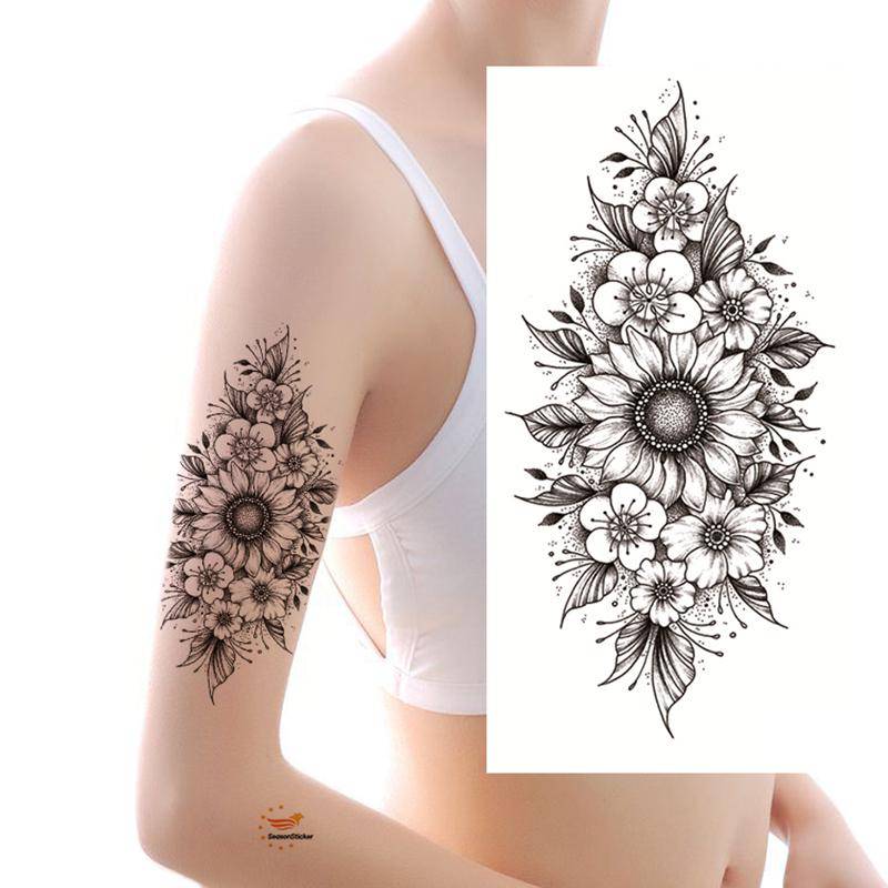 Sonnenblume Gänseblümchen Blumen Handzeichnung Temporäre Tattoos Schwarze Blume Blatt Zweige Skizze Blumenmuster Taille Arm Bein Fsf6 von Etsy - SeasonSticker