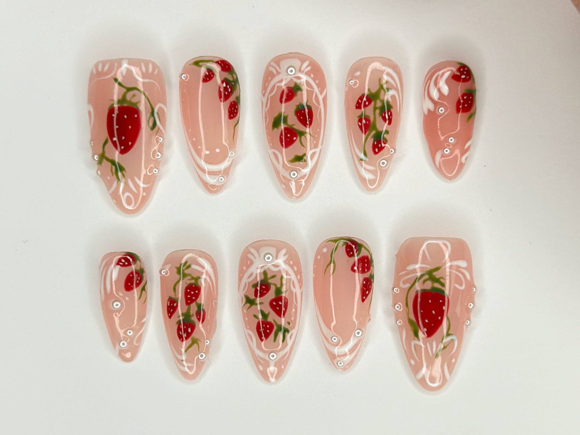 Rosa Erdbeer Garten Nägel | Heben Sie Sich Hervor Mit 3D Gel Nail Set Blumen - Und Erdbeermuster Verträumter Zum Greifen Nah Jc271S Rosa Erdbeer Garten Nägel | Heben Sie Sich Hervor Mit 3D Gel Nail Set Blumen - Und Erdbeermuster Verträumter Zum Greifen Nah Jc271S von Etsy - SevenNailArt
