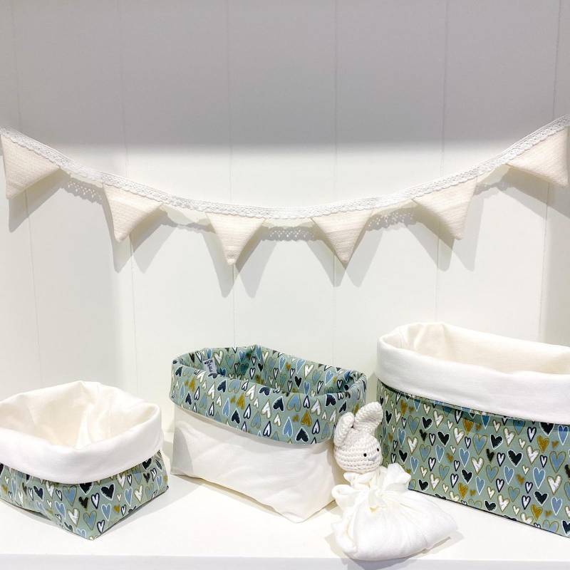 Sharlene Babymode Windel Körbchen | Utensilo - Wahlweise Großes, Mittleres Oder Kleines Körbchen- Herzen Mint Cremeweiss von Etsy - SharleneBabymode