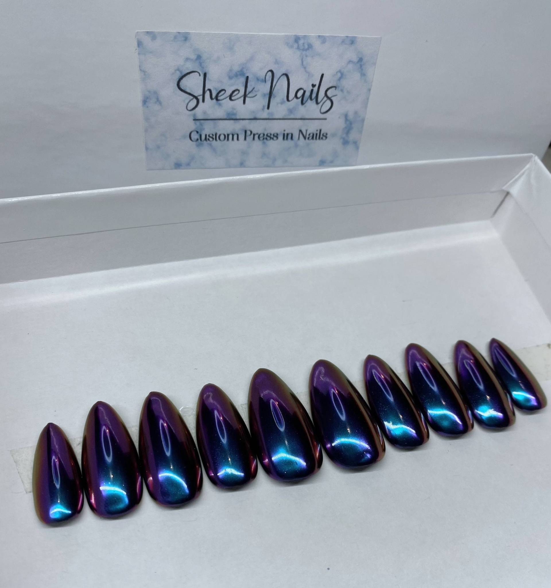 "Wiederverwendbares, Handgemaltes "Oil Slick" Press-On Nagel-Set - Schillernde Chromnägel, Salonqualität Gel, Zum Auf- Oder Aufkleben." von Etsy - SheekNails