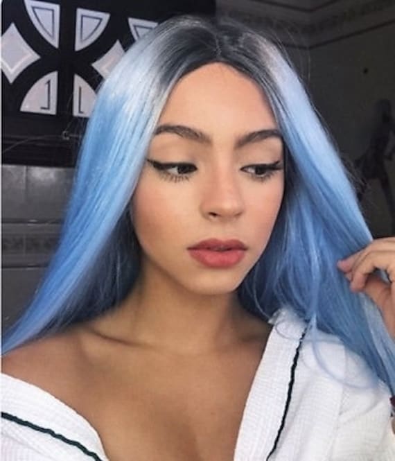 Schwarz Verwurzeltes Haar, Pastell Blau Perücke, Lange Glatte Haar Lace Front Cosplay Kostüm Hellblaue Eisblaue Perücken Für Frauen von Etsy - SheerBeauteJewelry
