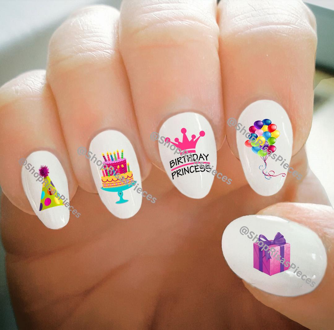 Geburtstags-Prinzessin Nagelabziehbilder Kuchen, Ballons, Partyhut | Wassertransfer von Etsy - ShopRisasPieces