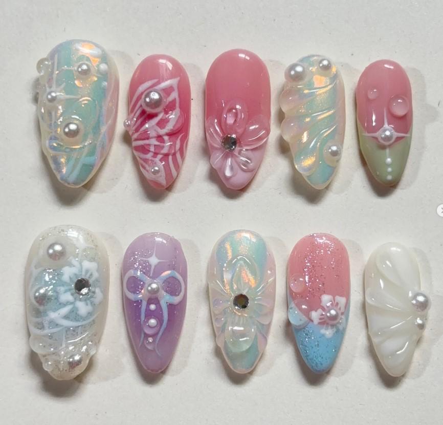 3D Aurora Ribbon Press Auf Die Nägel, Pastel Coquette Fairycore Falsche Rosa Perle Blumennagelkunst, Handgemachte Luxusgelnägel, 10stk von Etsy - SieglindeCrafts