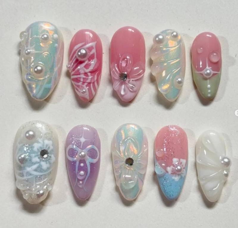 3D Aurora Ribbon Press Auf Die Nägel, Pastel Coquette Fairycore Falsche Rosa Perle Blumennagelkunst, Handgemachte Luxusgelnägel, 10stk von Etsy - SieglindeCrafts