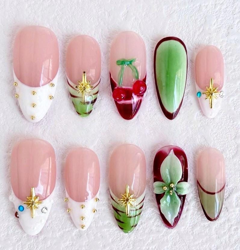 3D Kirsche, Drücken Sie Auf Die Nägel, Luxus Vintage Rot Und Grüne Falsche Nägel von Etsy - SieglindeCrafts