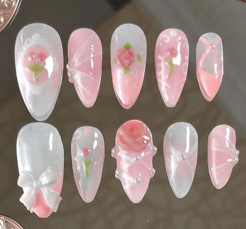 Balletcore Pink Press On Nails, Künstliche Nägel Mit 3D Rose Blume von Etsy - SieglindeCrafts