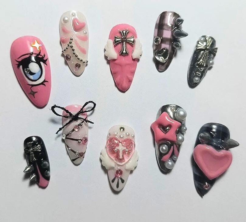 Cyber Sigilism Drücken Sie Auf Die Nägel 3D Chrom Kreuz & Spikes Pink Punk Kunstnägel Anime Eye Design Benutzerdefinierte Handmade von Etsy - SieglindeCrafts