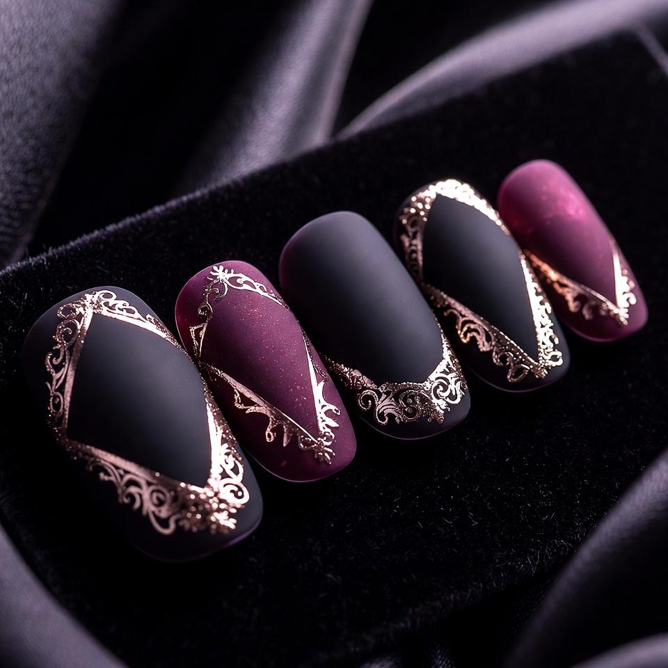 Dunkelrote Schwarz Gothic Press On Nails, Gold Verzierter Akzent, Matte Acrylnagelkunst von Etsy - SieglindeCrafts