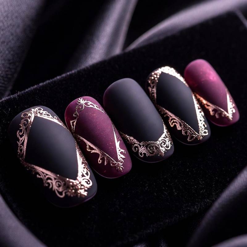 Dunkelrote Schwarz Gothic Press On Nails, Gold Verzierter Akzent, Matte Acrylnagelkunst von Etsy - SieglindeCrafts