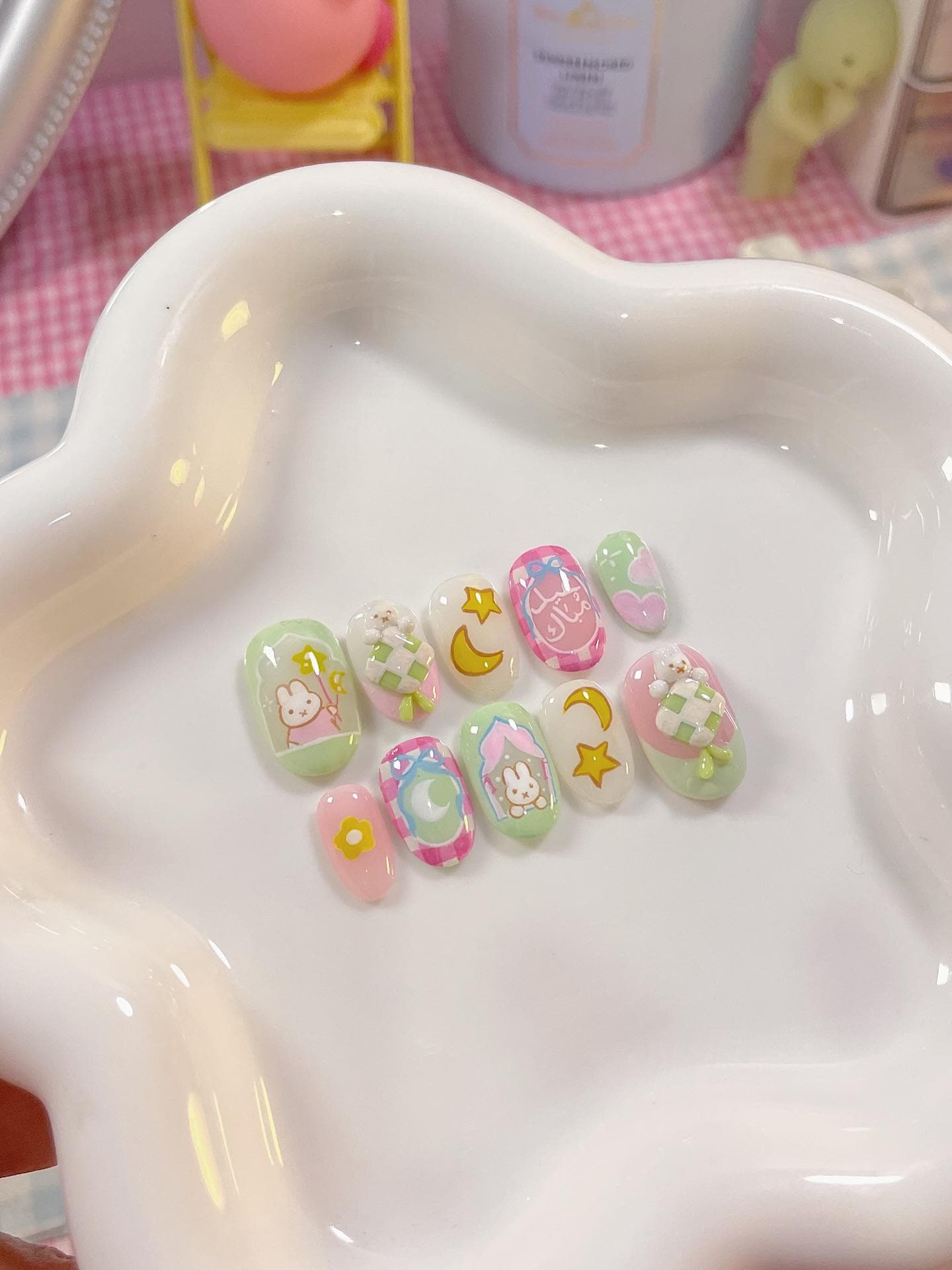 Eid Mubarak Drücken Sie Auf Die Nägel, Süße Miffy Inspirierte Künstliche Pastell Gingham Wiederverwendbare Nägel Mit Mond Und Sternen von Etsy - SieglindeCrafts