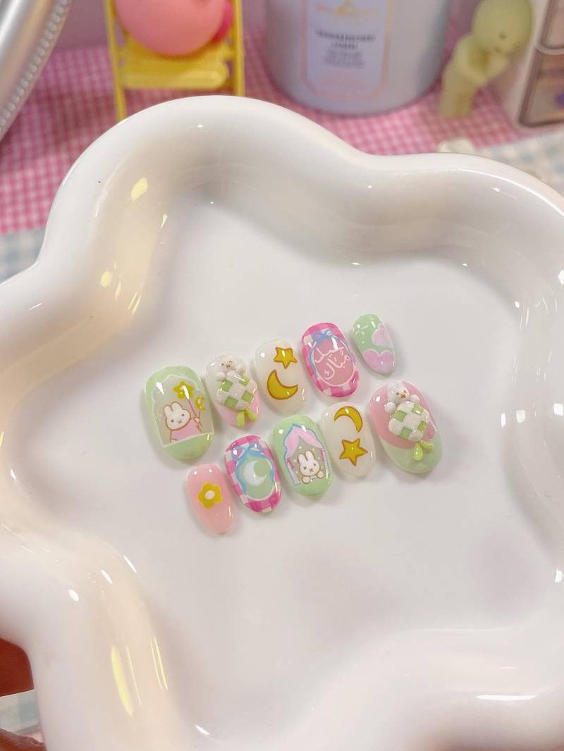 Eid Mubarak Drücken Sie Auf Die Nägel, Süße Miffy Inspirierte Künstliche Pastell Gingham Wiederverwendbare Nägel Mit Mond Und Sternen von Etsy - SieglindeCrafts