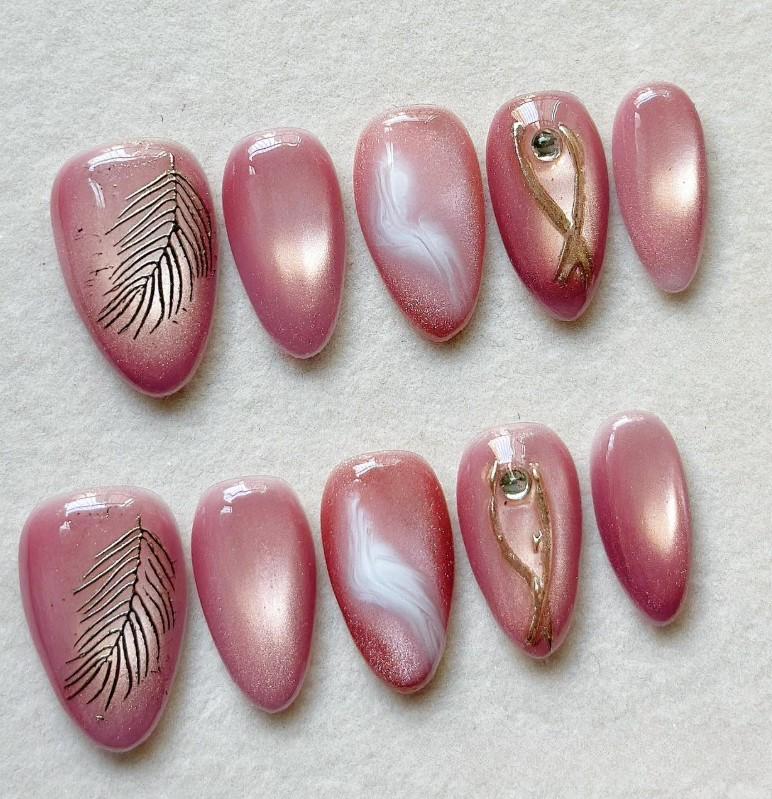 Eleganter Rosa Marmor, Künstliche Nägel Mit Blattgoldkunst, Benutzerdefinierte Press-Ons von Etsy - SieglindeCrafts